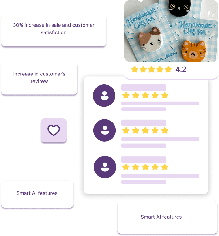 Review features showcase with customer ratings and feedback